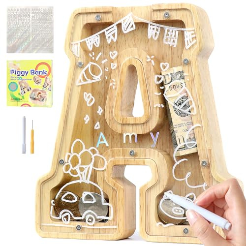 Lakpopya Personalisierte Durchsichtige Holz-Spardose für Kinder - Jungen & Mädchen, Taufe & Geschenk, A-Z Buchstaben, Zielbereich & Aufkleber & Marker