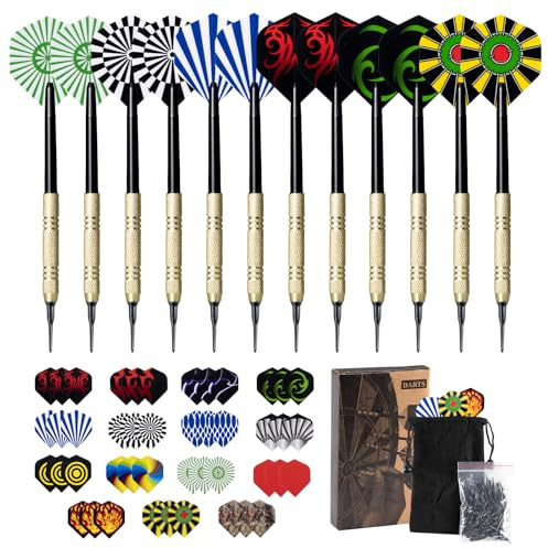 Carehabi dartpilar med plastspets-dartpilar för elektroniska darttavlor, 12 stycken mjuka darts 14 g, 45 extra flights 15 motiv med 100 plastdartspetsar att byta ut