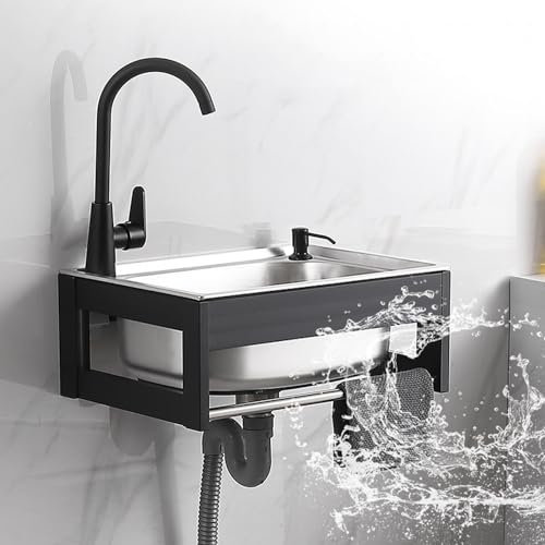 Ausgussbecken,Edelstahl Wandmontage Waschbecken Waschtisch Einhängen Küchenspüle Waschbecken mit Wasserhahn für Küche Badezimmer Waschküche Garage (50x40x21cm)