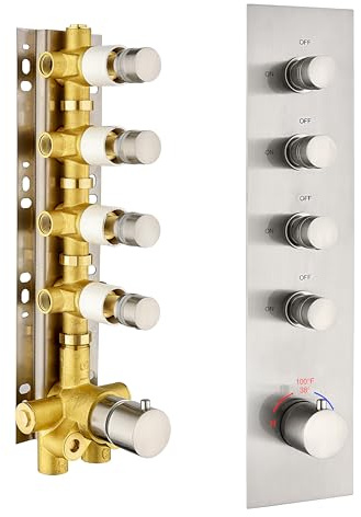 OMEKNTOP Brass Brushed-Nickel 4-Way Thermostatic Shower Diverter Valve - 4 Function Mixer with Individual On/Off Flow Control for Shower Arm & Kit