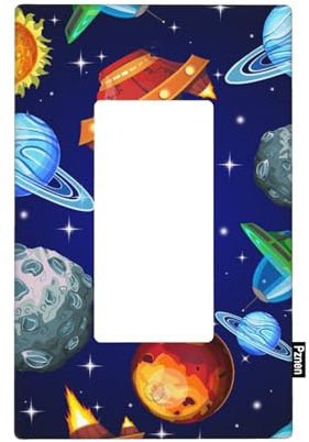 Pznen Planets Cartoon Single Rocker Switch Plate Astronaut Rocket Spacecraft Wall Plate 1 Gang Standard Plug Cover for GFCI Outlet Home Decorative Office