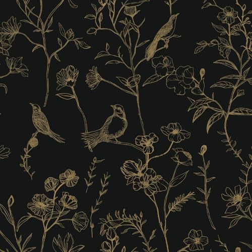 Fiula Self Adhesive Wallpaper Peel and Stick Wallpaper 41cmx300cm Floral Vinyl Wrap Vintage Furniture Sticker Leaf Contact Paper Covering Paper for Bedroom Living Room Removable Black and Gold