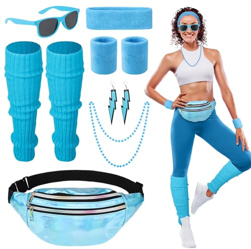 Heyu-Lotus 80er Jahre Outfit Damen, 90er Jahre Kostüm Kleidung Accessoires mit Bauchtasche, Stirnband, Beinwärmer, Armbänder, Brille und Ohrring für Karneval Neon Party