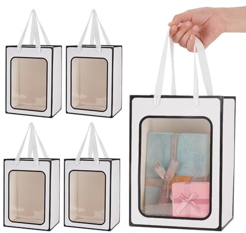 NBEADS 12 Stk. Geschenktaschen mit Fenster, Kraftpapier Taschen Einkaufstaschen mit Henkel 18x13x25cm Weiße Geschenktüten für Business Shopping Hochzeit Geburtstag Party Supplies