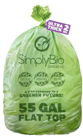Simply Bio 50-55 Gallon Compostable Trash Bags Liners Flat-Top, Heavy Duty Extra Thick 2 Mil, 208.2 Liter, 12 Bags, Lawn, Yard, and Restaurant Use, ASTM D6400, US BPI, OK Compost Home Certified