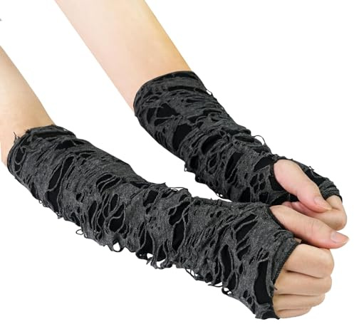 NiceYnn Punk Fingerloser langer Handschuh, Shabby Beinwärmer zerrissene zerrissene Gothic-Armwärmer, dehnbare weiche fingerlose Fäustlinge, Halloween-Kostüm, Maskerade Party, Zerrissen - Lang Schwarz
