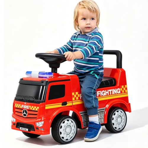 SOARS Mercedes-Benz Rutschauto, Feuerwehrauto mit Warnleuchte, Hupe & Musik | Rutschauto Feuerwehr mit verstecktem Stauraum, Rutschfahrzeug bis 25 kg belastbar für Kinder ab 1 Jahr