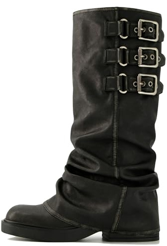 ClassicSter Fold Over Knee High Boots Slouch Boots for Women Chunky Goth Platform Boots,2 inch Heel Wide Calf Long Boots Square Toe Riding Boots(US 8)