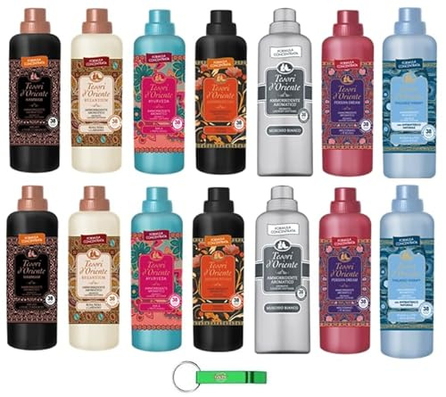 Testpaket Tesori d'Oriente Flüssigkeit Weichspüler, Fabric Softener Weißer Moschus Ayurveda Hammam Byzanthium Japanase Persian Thalasso 14 x 760ml + Beni Culinari Kostenloser Schlüsselanhänger