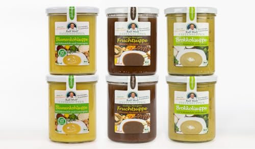 Intervallfasten Suppenfasten mit Ralf Moll® Fastensuppen | 6x380ml Bio-Suppen im Glas | Fastenkur vegan Souping | Blumenkohl | Frucht | Brokkoli