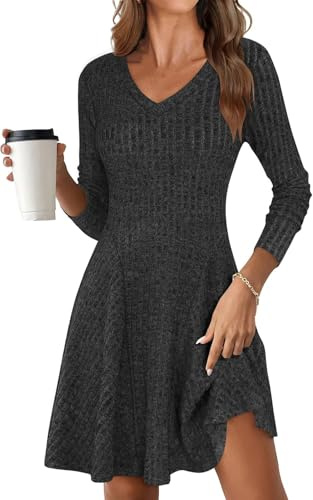 ROFUSSO Robe en Tricot pour Femmes Robes d'automne à Manches Longues Robe Pull à Col en V Robe Midi Élégante en Tricot Robe d'hiver Décontractée à Longueur de Genou(Noir,L)