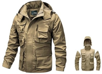 VaiKanhai Herren Outdoorjacke Leicht Anglerweste Outdoor Regenjacke 2in1 Herausnehmbares Kapuze und Langarm Funktionsjacke | Multi Taschen Taktische Jacke Atmungsaktiv Herrenjacken