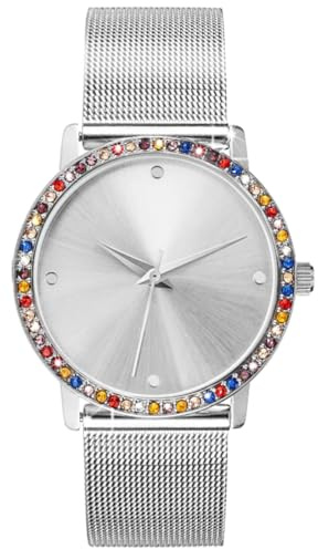 Crystal Blue Damen Armbanduhr Set Silber Edelstahl Milanaise Mesh Armband mit Zirkonia Tennisarmband