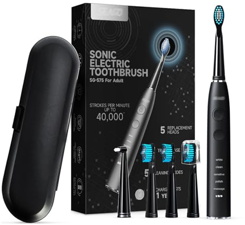 Brosse à Dents Électrique Sonique,5 Modes,400 Jours d'Autonomie,Minuteur de 2 Minutes, Rappel de 30 Secondes,40000 Vibrations/min,IPX7-4 Têtes de Brossage - Boîte de Voyage (Black)