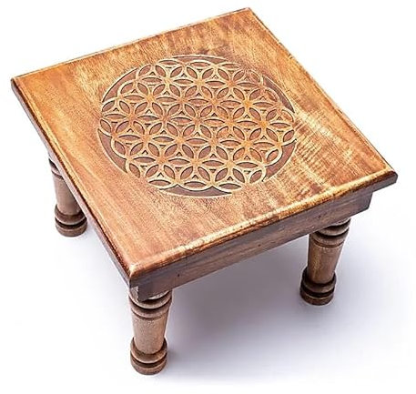LivuX Beistelltisch Holz – Blume des Lebens – 30×30×23 cm – Akazienholz geschnitzt – Spirituelles Wohnaccessoire – Handarbeit – Naturprodukt – Meditations- & Deko-Tisch 1286