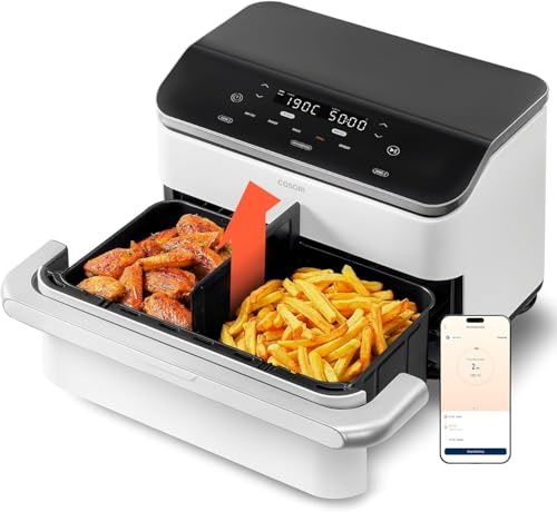 COSORI Air Fryer 10 L Twinfry, 5-i-1 oljefri fritös, dubbel zon-luftfryer med avtagbar avdelare, dubbelt motstånd, stor kapacitet, optimal matlagning, 40 ℃-240 ℃, smart kontroll via app