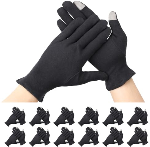 Segbeauty Baumwollhandschuhe mit Touchscreen, 12 Paar Stoffhandschuhe Schwarz, Neurodermitis Handschuhe Waschbar, Elastisch Stoff Handschuhe für Ekzeme (XL)