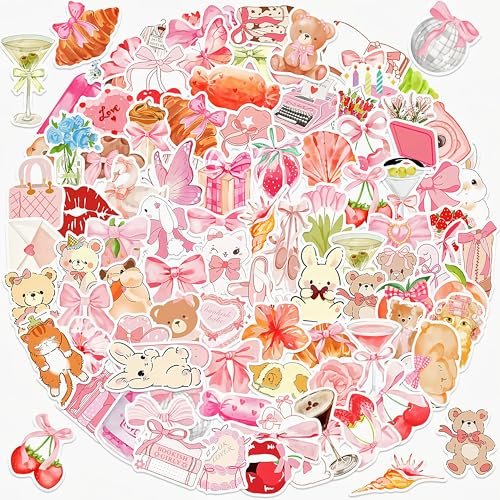 Tivleed Pink Stickers, Cute Stickers, Coquette Stickers - 100Pcs Aesthetic Stickers Pack for Water Bottle, Laptop, Journal - Kawaii Sweet Animal, Floral Decals