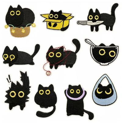 JUKOTA Aufnäher Patches, 10pcs Patches zum Aufbügeln, Bügel Patches, Flicken zum Aufbügeln, Patch süße schwarze Katze kratzt und hält sich fest zum Aufbügeln Aufnäher Applikation Bügelbild