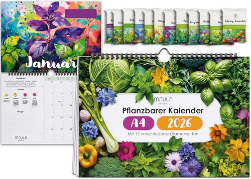 Milula Studios Einpflanzbarer Kalender 2026 – Pflanzkalender & Saatgut Kalender 2026 mit Minimalistn & Samen für Kräuter, Gemüse, Obst & Blumen – Nachhaltig & Adventskalender (Pflanzkalender, A4)