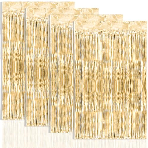 YTLSDHF 4 Pcs 1 x 2m Tinsel Curtains, 3.2 x 6.5ft Light Gold Foil Curtain, Champagne Gold Tinsel Curtain, Door Curtains, Streamers Backdrop Shimmering for Birthday Engagement Prom Party Decor 2026