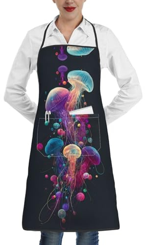 WXCJWD Delantal de trabajo impermeable para hombres y mujeres, medusas coloridas, para cocinar, asar, jardinería, carpintería, ajustable