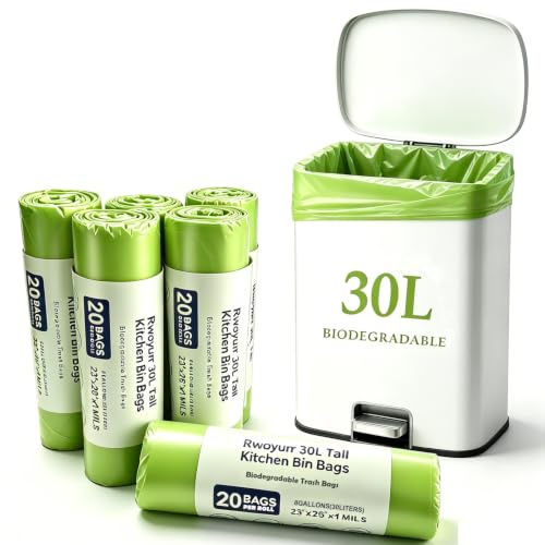 Rwoyurr 30L Biodegradable Bin Liners - 120 Counts Compostable Bin Bags Strong 8Gallon Food Waste Bags Large Compost Pedal Trash Bag for Kitchen Office Bathroom Caddy, Green, 60 X 65cm