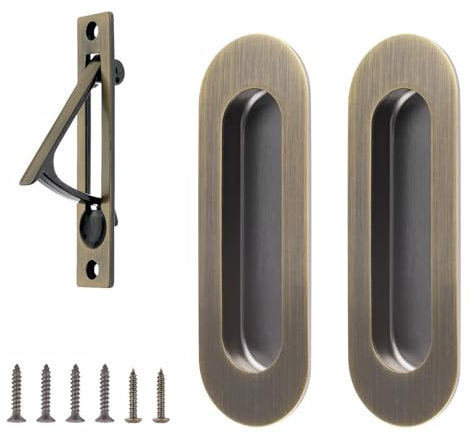 UFURMATE Oval Flush Mount Door Pull and Spring Loaded Edge Pull, 1 Set Stainless Steel Recessed Pocket Door Handles Sliding Door Hardware for Closet (Bronze)