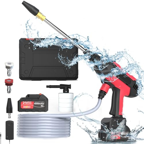 Zelonpro Cordless Pressure Washer - MAX 950 PSI Battery Powered Pressure Washer, 21V Portable Cordless Power Washer with Rechargeable 4.0Ah Battery for Car/Fence/Floor/Patio Cleaning & Watering，Red