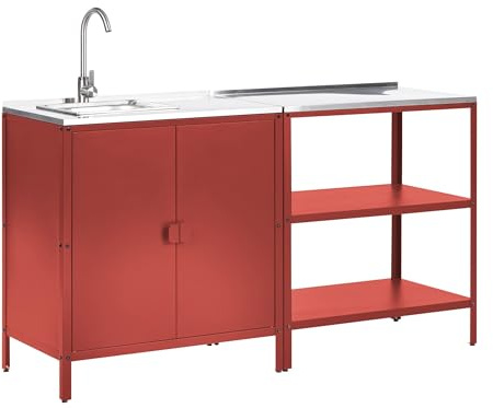 Beliani Outdoor-Küche 2-teilig Stahl rot mit Spüle Edelstahlplatte 1 Insel Vilama