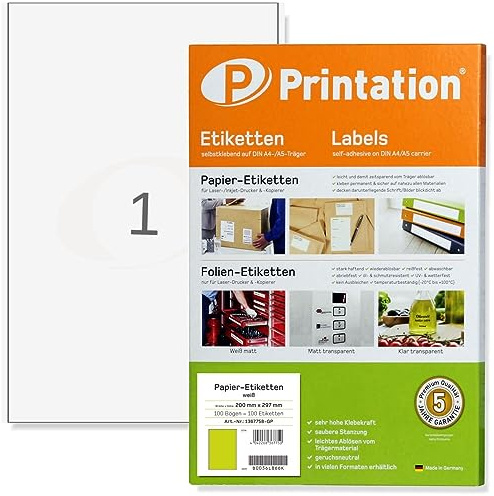 100 selbstklebende Printation Etiketten (200x297mm) Made in Germany | 100 Bogen A4 je 1x 1=1 Printation Aufkleber bedruckbar 4458 3418 3478 Klebeetikett zum bedrucken mit Laser-/ Inkjet-Drucker
