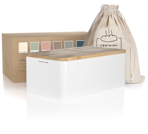 LARS NYSØM Bread Bin I Metal bread box with linen bread bag for long lasting freshness I Bread bin with bamboo lid usable as cutting board I 13.4x7.3x5.3 In (Pure White)
