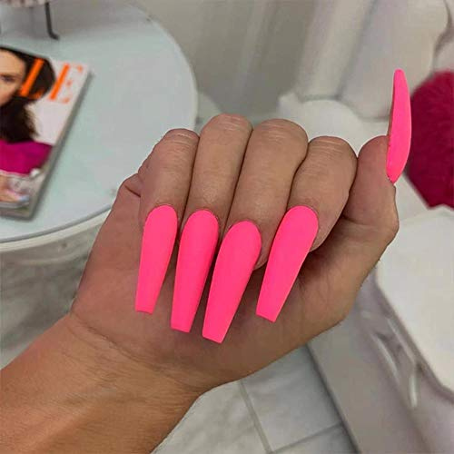 24 Stück Sarg Ballerina Falsche Nägel zum aufkleben, Lange Falsche Nägel Französisch Fingernägel Nägel Tips Acryl Kunst Drücken Sie auf die Nagelspitzen für Frauen Mädchen,Matte Pink