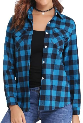 Aottori Camicia Donna a Quadri in Cotone Blusa Maniche Lunghe Camicetta Scozzese con Bottoni Camicie Flanella Classico Shirts Casual Blu XXL