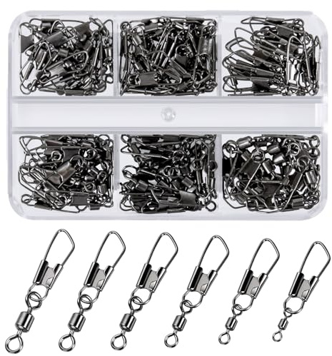 VEPEPE 120 Pcs Fishing Swivel Snap Links Set, Safety Snaps Swivels Tackle, Stainless Steel, Baseline Connectors, Anglers 6 Sizes 6# 7# 8# 10# 12# 14# for Freshwater Saltwater Bass Carp Fishing