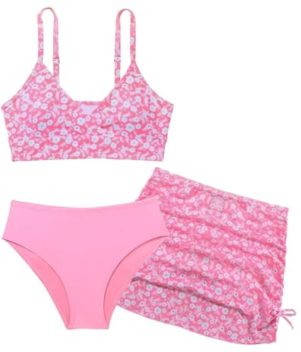 SEAUR Bikini da bambina con gonna, 3 pezzi, costume da bagno imbottito, per adolescenti, alla moda, stampato, costume da bagno per bambini, 120-170 cm, Colore: rosa., 150 cm