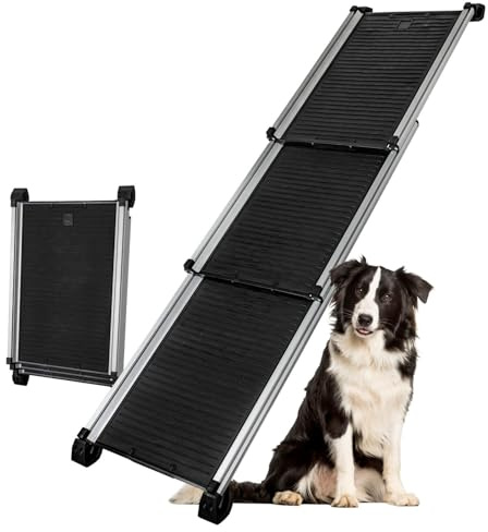 Petigi Teleskop Hunderampe für Auto, 158 cm, Ausziehbar, Aluminium, Hunde Rampe, Hundetreppe, SUV, rutschfest 90 kg Belastbarkeit