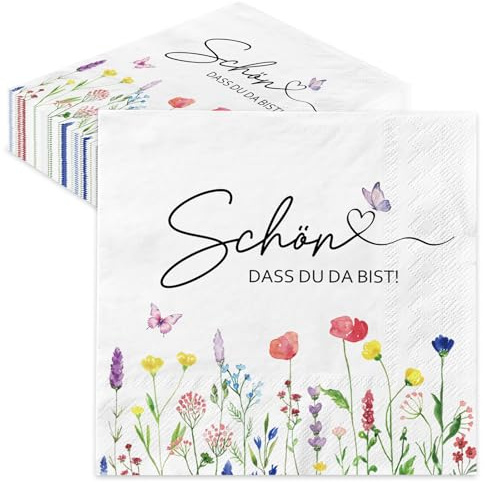 40 Stück Servietten Hochzeit – Servietten Schön Dass Du Da Bist, 3-Lagige Papierservietten mit Blumen & Schmetterling Motiv – Tischdeko für Hochzeit, Geburtstag, Frühling, Ostern, Taufe