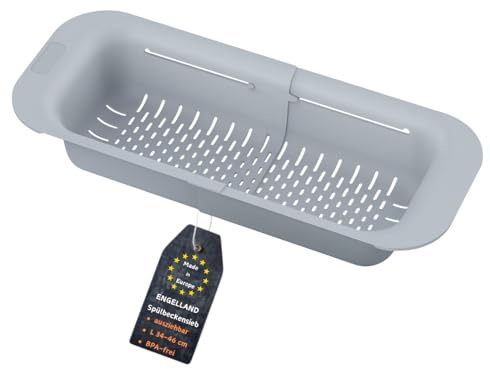 Engelland - 1 x ausziehbares Abtropf-Sieb für Spülbecken, Grau, flexibler Abtropf-Korb, Nudelsieb aus BPA-freiem Kunststoff, platzsparend & erweiterbar, robust, Seiher für Waschbecken