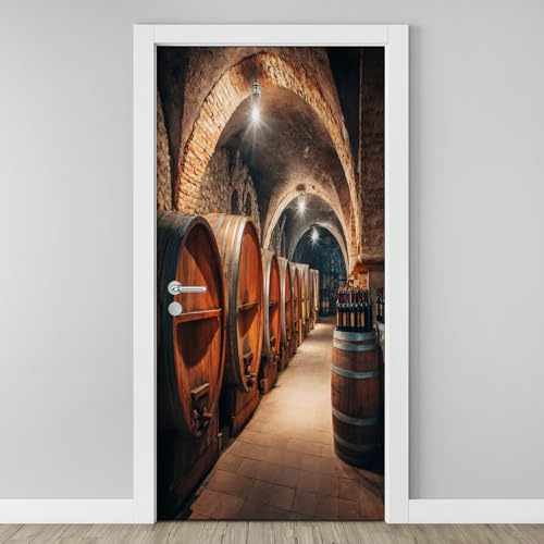 Vintage Weinkeller Weinfässer 3D Türtapete Selbstklebend, Gewölbter Tunnel Türfolie, 77 x 200 cm PVC Entfernbar Türposter Wandaufkleber für Schlafzimmer Küche Badezimmer Dekorationen K2m191