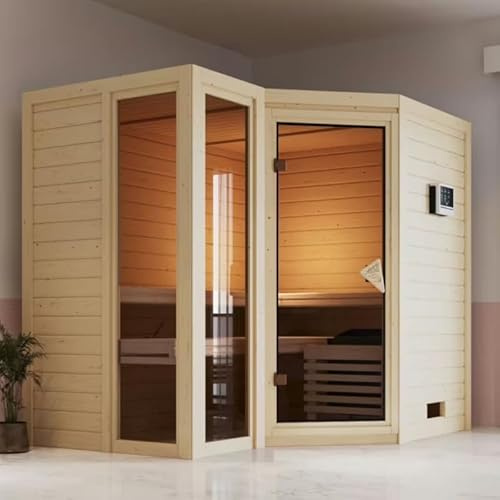 Karibu Amara Sauna Traditionnel d'Intérieur 5-6 Places | Bois Épicéa du Nord 236x184 cm | Panneaux 38mm, Toit Isolé, Fenêtres Teintées | Poêle Électrique en Option