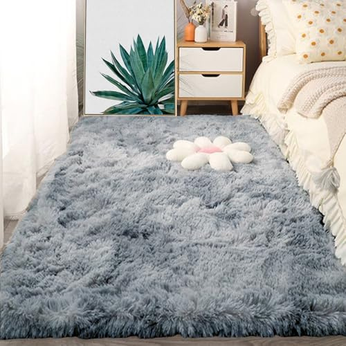 LISANSAN Alfombra Grande 70 x 120 cm Tie Dye Alfombras Salón Grandes Pelo Largo Resistente a La Intemperie for Living Room Niña Juvenil Adulto, Gris Claro