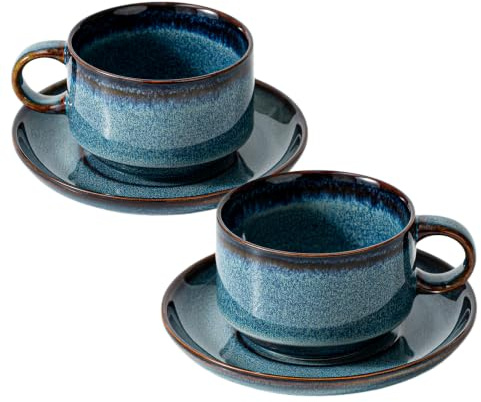 MIKIGEY Ceramics 10oz Cappuccino Cups with Sacuer, Set of 2, Blue