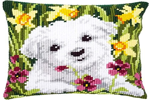 VERVACO Kreuzstich Stickpackungen Kissen Stickerei Set Anfänger Vorgedruckt Westie mit Osterglocken DIY Set Kreativ Set Für Erwachseneca. 40 x 40 cm Bastelset Handwerker Haus Dekoration