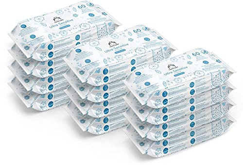 by Amazon Ultrasensitive Babyfeuchttücher, 100% pflanzliche Fasern, 99% Wasser, 720 Tücher, Unparfümiert, 12 Packungen à 60 Stück (zuvor unter der Marke Mama Bear geführt, identisches Produkt)