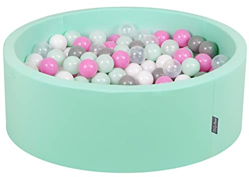 KiddyMoon OK30D-243 Bällebad 90X30cm/200 Bälle ∅ 7Cm Bällepool Mit Bunten Bällen Für Babys Kinder Rund, Mint:Transparent/Grau/Weiß/Pink/Minze
