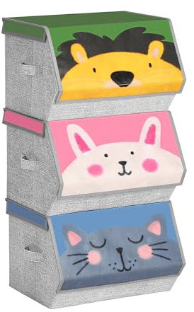SONGMICS Aufbewahrungsboxen, 3er Set, Faltboxen, Stoffboxen mit Griffen, Organizer, magnetischer Deckel, für Kinderzimmer, Spielzimmer, Tier-Motive, rosa, blau, grün und grau RFB760P01