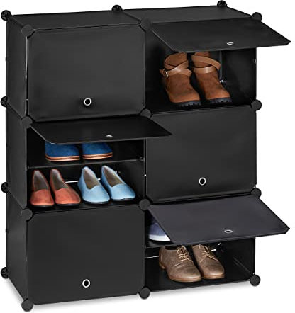 Relaxdays Schuhschrank, Steckschrank mit Türen, HxBxT: 95 x 85 x 31,5 cm, 12 Fächer, Regalsystem aus Kunststoff, schwarz