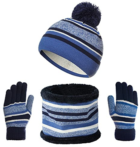 outfit spring Kinder Wintermütze Schal Handschuhe 3PC Set, Warme Winter Bommel Strickmütze Beanie Weich Dicke Fleece Futter Loopschal Kinderhandschuh Set für Mädchen Jungen Kind