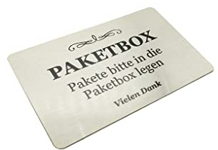 Paketkasten Schild – Pakete bitte in die Paketbox legen Vielen Dank – Metall, Aluminium mit Kleber, Hinweis für Lieferungen, Pakete, Post, Notiz, Plakette, Metal (Silber)